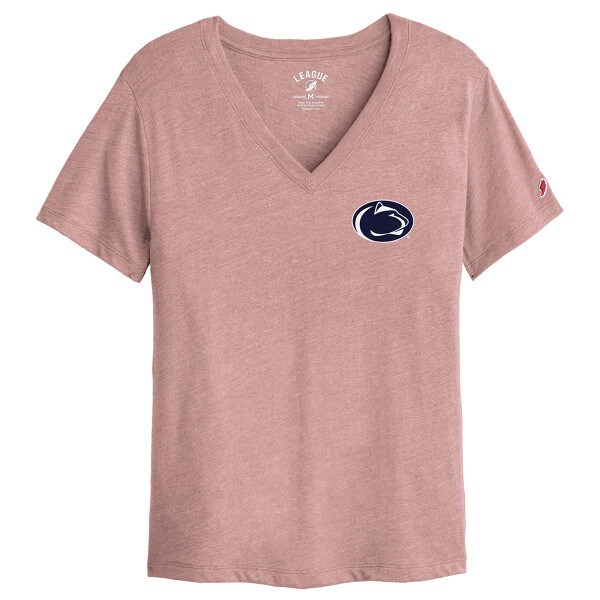 women's short sleeve pink v-neck t-shirt with Penn State Athletic Logo on left chest